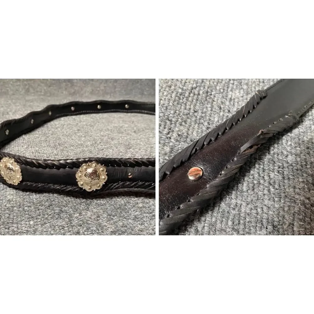 90’s Western Black Leather Concho Belt Intricate Floral Designed Buckle 4XL-5XL
